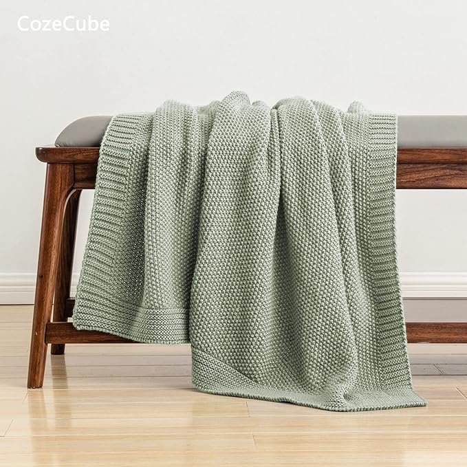 CozeCube Sage Green Seed Stitch Throw Blanket 60"x80", Farmhouse Decor | Blanket for Couch, Soft Cozy Cable Knit Throw for Bed Sofa Living Room, Lightweight Warm Decorative Christmas Blanket