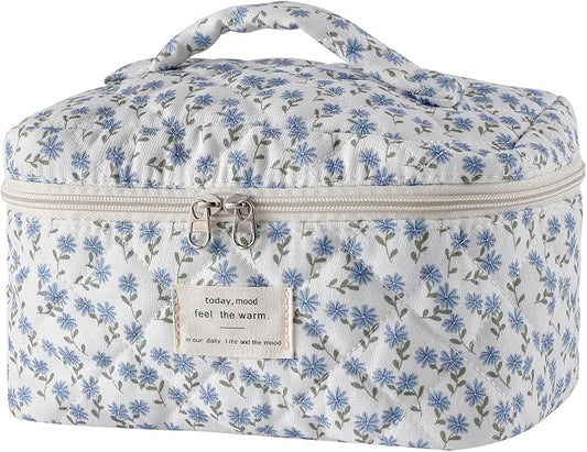 uekeboag Large Travel Quilted Makeup Bag for Women, Floral Cotton Cosmetic Bag, Coquette Aesthetic Floral Toiletry Organizer Bag