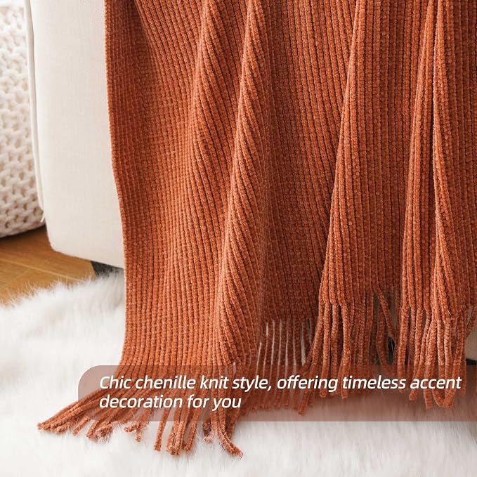 BATTILO HOME Rust Orange Throw Blanket for Couch, 50"x60" | Soft Chenille Knit Blanket with Tassels for Home Decor, Spring Fall Decor Throws for Couch Cover