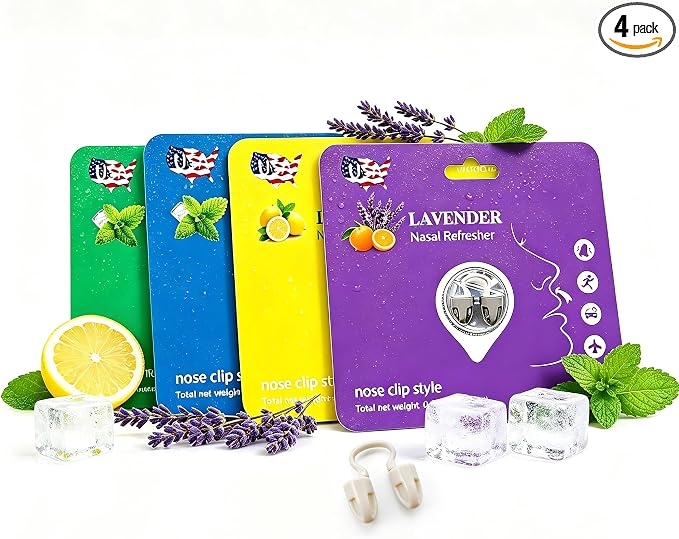 Aromatherapy Nose Clip Variety Pack, Soft Clip-On Fragrance Accessory with Peppermint, Intense Peppermint, Lemon and Lavender, Designed for All-Day Use from Morning to Evening(4Pack)