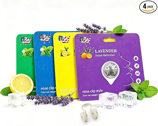 Aromatherapy Nose Clip Variety Pack, Soft Clip-On Fragrance Accessory with Peppermint, Intense Peppermint, Lemon and Lavender, Designed for All-Day Use from Morning to Evening(4Pack)