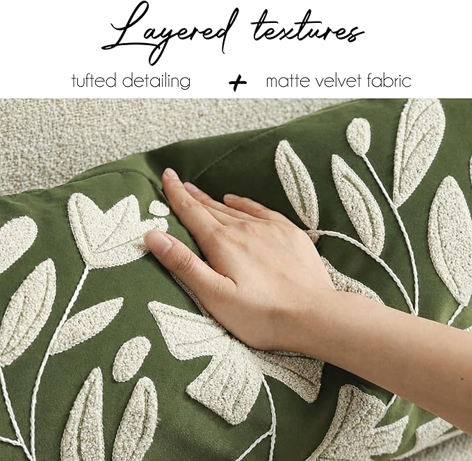 Decorative Throw Pillow Cover 20x20 Inch, Olive Green Floral Tufted Velvet Accent Pillow Case for Sofa Bed Living Room, Cover Only