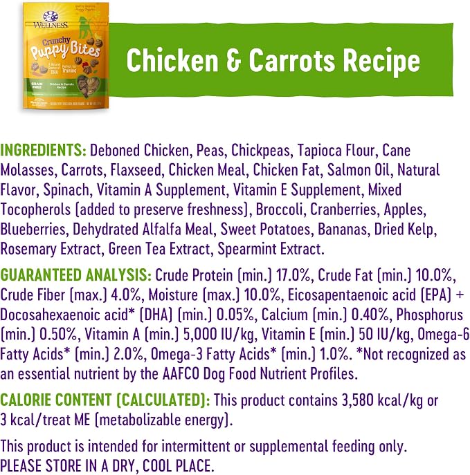 Wellness Crunchy Puppy Bites Dog Training Treats, Natural, Grain Free, Chicken and Carrot Recipe, 6 oz Bag (Pack of 2)