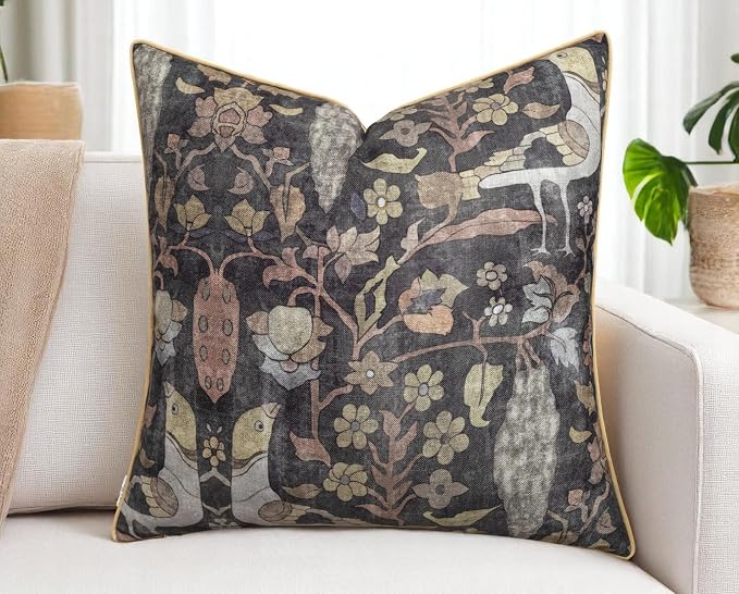 Bird Floral Print 18x18 Throw Pillow Cover, Charcoal | Folk-art birds and blooms on charcoal slub, muted gold piping; both sides printed; hidde; cover only
