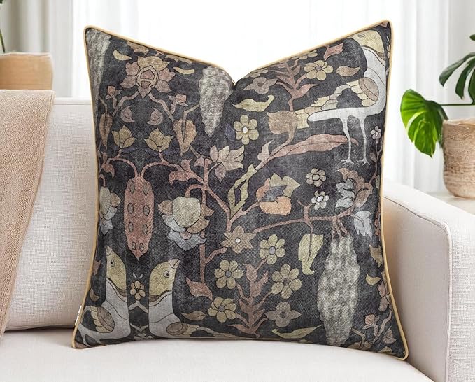 Bird Floral Print 22x22 Throw Pillow Cover, Charcoal | Folk-art birds and blooms on charcoal slub, muted gold piping; both sides printed; hidde; cover only