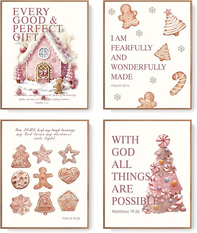 LARTSFRO Coquette Pink Christmas Gingerbread House Gifts Wall Art Decor Posters, Cute Christmas Gingerbread Man Christian Room Bathroom Bedroom Dorm Wall Art Decor Aesthetic for College Teen Girls Gifts, Inspirational Bible Verses Gingerbread Wall Deco...