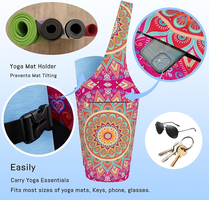 Mandala Yoga Mat Bag with Large Waterproof Zipper Pocket and Drawstring Pocket Long Tote Yoga Mat Carrier Holder Bags Fit Most Size Mats