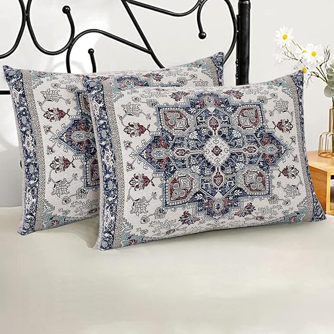 Boho Throw Pillow Covers 12x20 inch Set of 2,Soft Pillowcases Bohemia Carpet Printing Pattern Decorative Sofa Living Room Bed Rectangle Pillow Case Cushion Cover-Blue Cyan