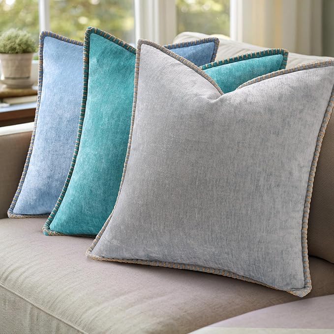 decorUhome Soft Chenille Throw Pillow Covers 24x24 Set of 2 Neutral Gray | Fall Textured Decorative Throw Pillow Cases Stitched Edge Modern Farmhouse Luxury Boho Velvet for Couch Sofa Bed Home Decor