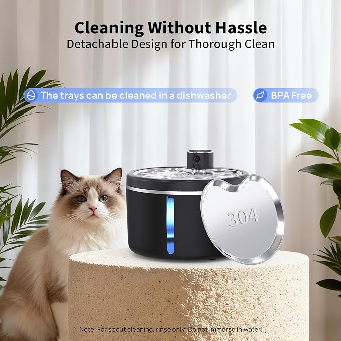 Cat Water Fountain Cordless, 108oz/3L Pet Fountains for Cats Indoor with Stainless Steel Tray, Battery Operated Cat Drinking Fountain with Motion Sens