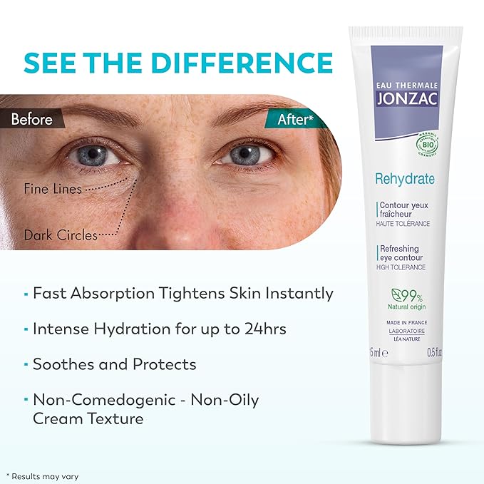 Eau Thermale Jonzac Rehydrate Organic Refreshing Eye Contour Cream - Soothing Hydration with Hyaluronic Acid For Dark Circles -For Sensitive Skin 0.5 Fl Oz