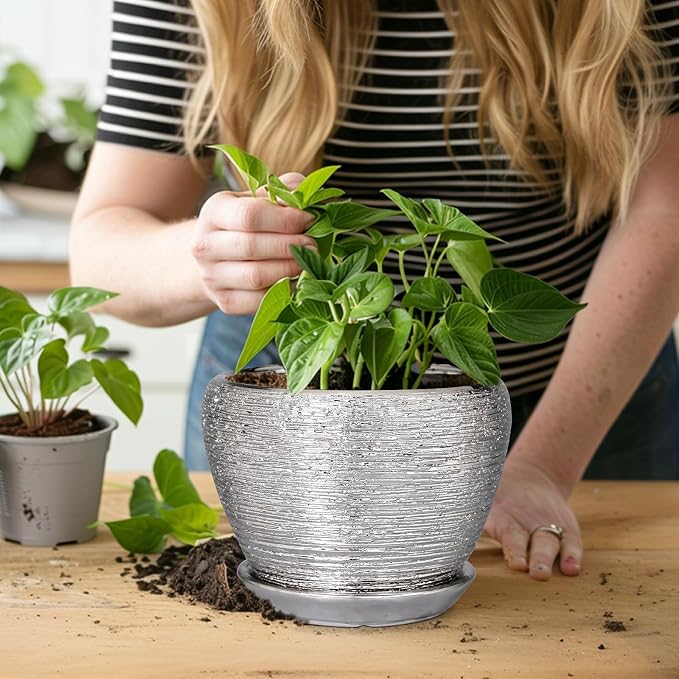 Ceramicfor Ceramic Planter - 6 Inch Plant Pot Indoor with Drainage Hole and Saucer Outdoor Pot for Plants Round Decorative Planter Modern Mid-Century Flower Pot for Office Decor Silver