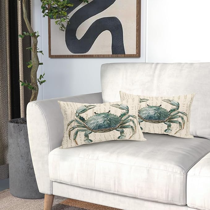 Summer Sea Crab Nautical Pillow Covers 12x20 Inch Set of 2 Coastal Ocean Coral Beach Blue Throw Pillow Cases Outdoor Linen Square Cushion Cover Farmhouse Decor for Bedroom Home Sofa Couch Bed