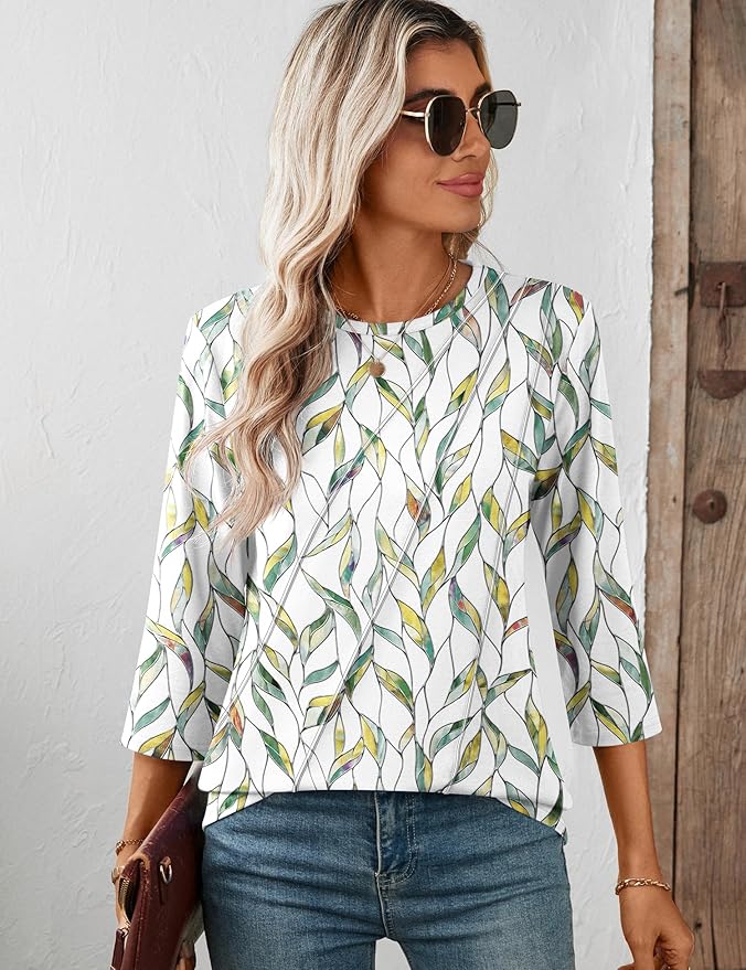 LOMON 3/4 Length Sleeve Womens Tops Spring Summer Fashion 2026 Tops Crew Neck Pleated Shirts Tunic Top Loose Fit