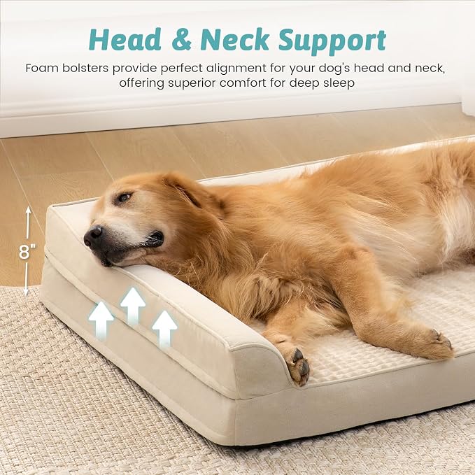 COZY KISS Orthopedic Dog Bed for Extra Large Dogs, L Shaped XXL 48x35 inch | Non-Slip Bottom Soft Pet Sofa with Washable Removable Waterproof Cover, Egg-Crate Foam Couch with Portable Handle, Beige