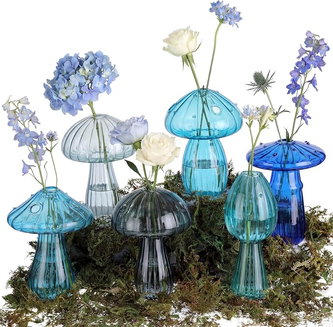 7 Pcs Glass Mushroom Vase Propagation Station with Hydroponic Plant and Artificial Fake Moss 6 Colored Plant Vase Table Centerpiece Decor for Forest Birthday Wedding Party Decoration (Blue)