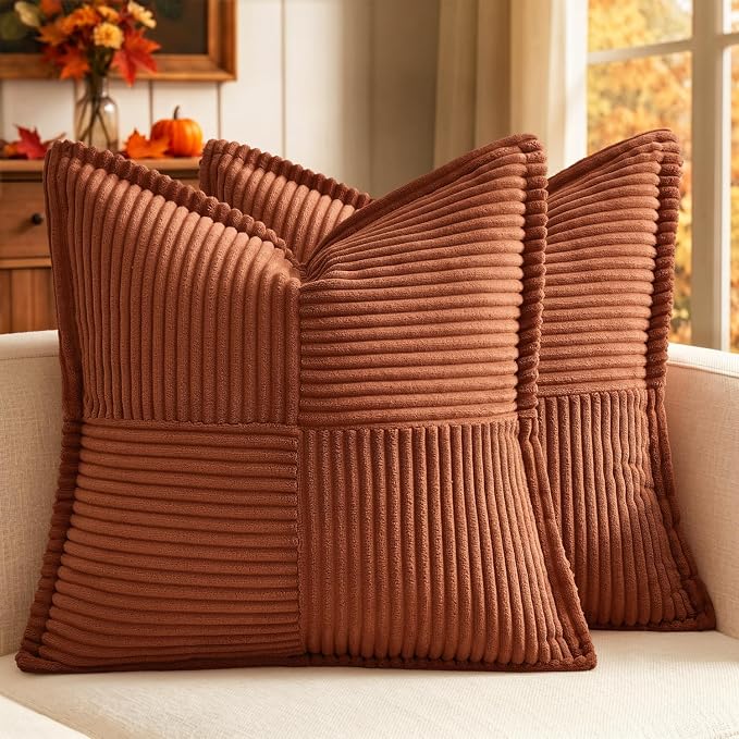 MIULEE Fall Rust Decorative Throw Pillow Covers for Couch 20x20 Inch | 2 Pack, Terracotta Boho Broadside Striped Patchwork Pillow Covers, Soft Corduroy Cushion Cases, For Sofa Bed Livingroom