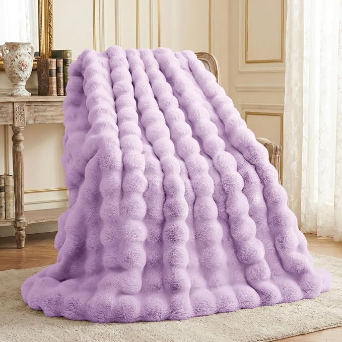 L'AGRATY Faux Rabbit Fur Throw Blanket for Couch, 90'' x 90'', Purple | Soft Cozy Bubble Fluffy Blanket for Sofa Bed, Thick Warm Plush Fuzzy Throw for Room Home Decor, Luxury Gift for Women Mom