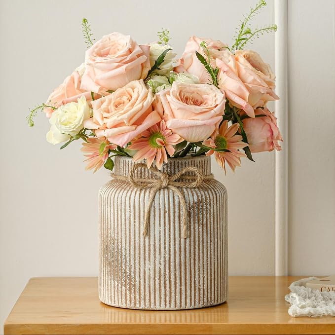 Rustic Ceramic Flower Vase, 7.2in Vintage Brown Ribbed Vases for Home Decor | Decorative Distressed Wide Mouth Terracotta Vases for Bedroom Living Room Table Centerpieces Shelf Cabinet Decorations
