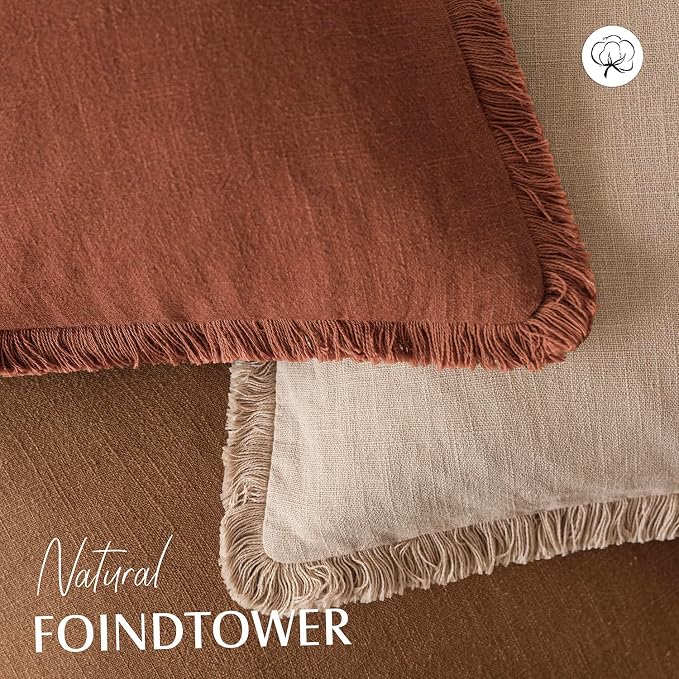 Foindtower Set of 2 Decorative Linen Fringe Throw Pillow Covers Farmhouse Cushion Cover with Tassels Soft Accent Pillowcase for Couch Chair Sofa Bed Living Room Home Decor,16×16 Inch,Fall Rust Orange