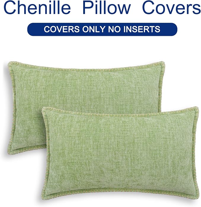 CaliTime Decorative Couch Throw Pillow Covers 20 X 12 Inches Sage Green | Pack of 2, Cozy Chenille Cushion Cases, Cotton Thread Stitching Edges, for Sofa Bed Living Room Farmhouse