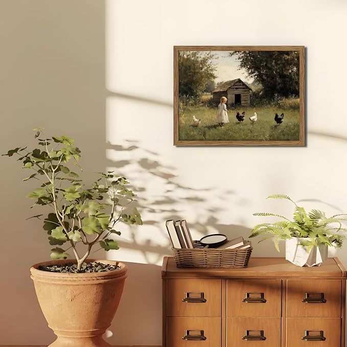 Vintage Country Framed Wall Art, Little Girl and Chick Canvas Prints, Rustic Landscape Picture Painting, Pastoral Farmhouse Wall Decor for Living Room Bedroom – Dark Wooden Frame 12x16in