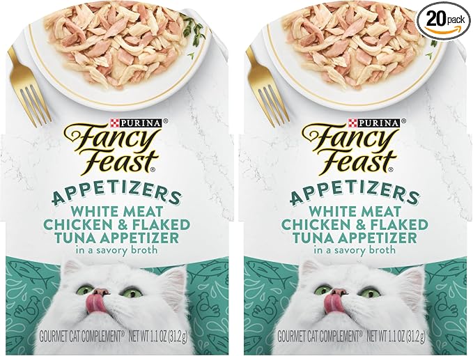 Fancy Feast Purina Appetizers Lickable Grain Free Wet Cat Food Topper White Meat Chicken and Flaked Tuna Appetizer - 1.1 oz. Trays,(Pack of 20)
