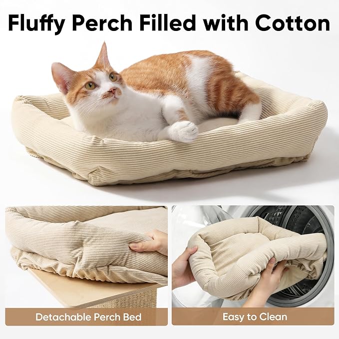 FUKUMARU Retro-Style Cat Scratching Post with Perch for Indoor Adult Cats | 28.7" Elevated Tall Cat Bed, Solid Wood Large Cat Scratcher Tower with Bed, Aesthetic Cat Tree Furniture with Natural Sisal