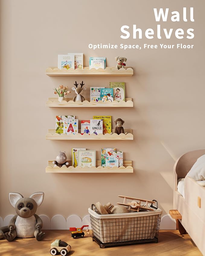 Shario Nursery Book Shelves, 4-Pack Wood Floating Shelves for Wall Kids, Scalloped Shelves, Wall Book Shelves for Bedroom Kids, Toddler Room, Baby Room, Nursery Decor(Wood, 16.5 Inches)