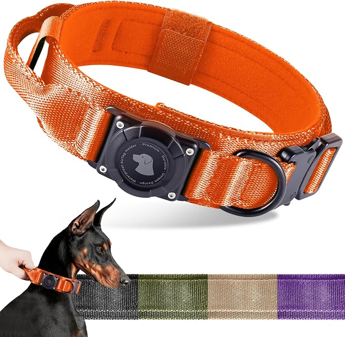 2026 Upgrade Waterproof Tactical AirTag Dog Collar, Built in AirTag Holder | Comfortable Control Handle, Quick Release Metal Buckle, Durable 1000D Nylon, For Medium to Large Dogs, Orange,L