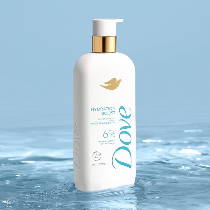Dove Serum Body Wash Hydration Boost actively drenches dry skin with Hyaluronic Acid Serum 18.5 Fl Oz (Pack of 4)