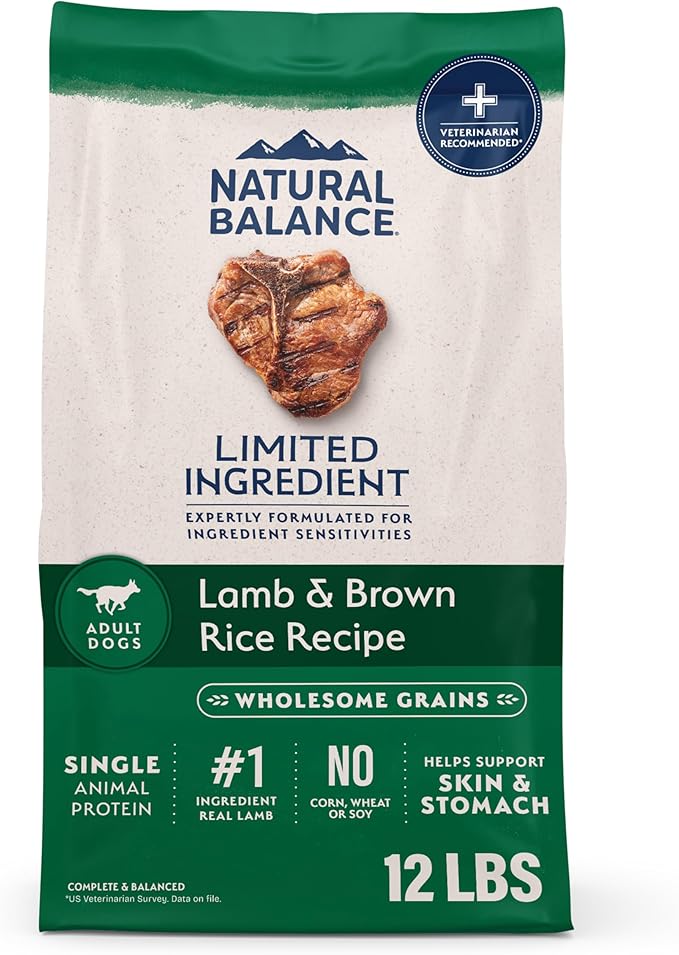Natural Balance Limited Ingredient Adult Dry Dog Food with Healthy Grains, Lamb & Brown Rice Recipe, 12 Pound (Pack of 1) | Dry Dog Food with Wholesome Grains, Balanced Nutrition for Adult Dogs with Sensitivities, Skin and Stomach Support