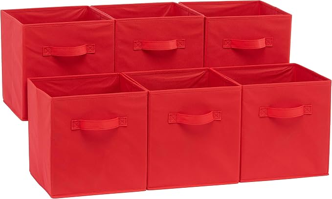 Amazon Basics Cube Organizer Storage Bins Handles, Collapsible Fabric, 10.5"x10.5"x11", Red (Pack of 30)