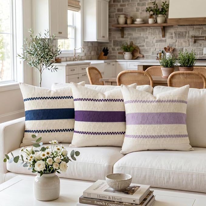 Fancy Homi Set of 2 Boho Purple Decorative Throw Pillow Cover 16x16 Inch for Couch Bed Sofa, Aesthetic Modern Organic Farmhouse Home Decor, Soft Cotton Cute Accent Macrame Woven Cushion Case