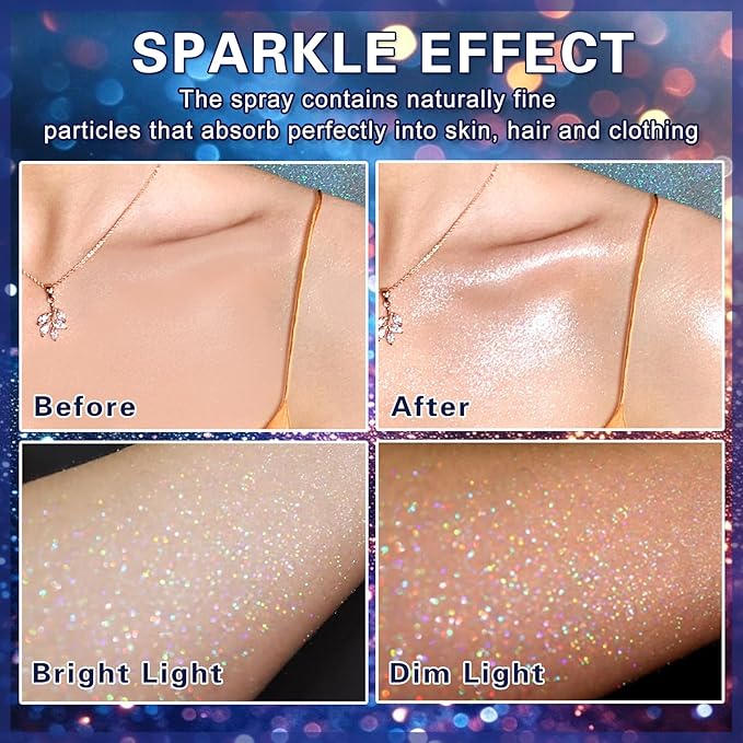 DAMUSI Silver Body Glitter Spray, Shiny Hair and Body Glitter Spray for Clothes, Holographic Glitter Hairspray Quick-Drying Long-Lasting Shimmer Highlighter Powder for Festival Concert Party Rave Prom