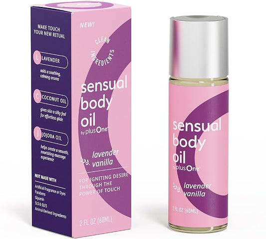 plusOne Sensual Body Oil – Lavender Vanilla Massage & Intimate Oil, 2 fl oz | Plant-Based Blend with Coconut, Jojoba & Sweet Almond Oil, Vegan & Cruelty-Free