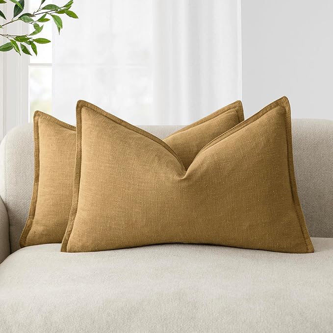 Foindtower Pack of 2, Decorative Linen Solid Throw Pillow Covers Soft Accent Lumbar Cushion Case Boho Farmhouse Pillowcase for Couch Sofa Bedroom Living Room Home Decor 12 x 20 Inch Honey Mustard
