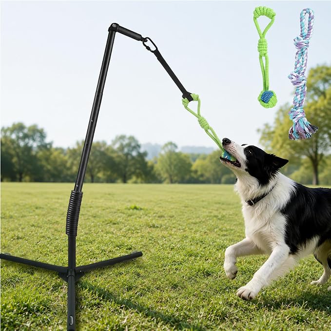 Unidevice Outdoor Tug of War Dog Toy with Reinforced Tripod Base - Heavy Duty Iron 360° Interactive Tether Tug Toy for Backyard Solo Play - Adjustable Spring Pole Rope System for All Breeds