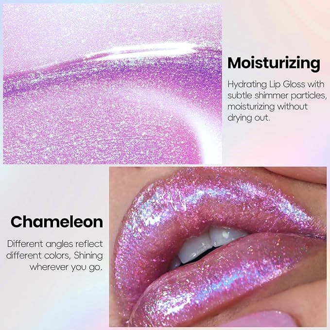 Purple Glitter Lip Gloss Liquid Lipstick, Moisturizing Holographic Multichrome Shimmer Tinted Lips Stain Oil Diamond Metallic Lip Gloss, Long Lasting High-Shine Glimmer Lips Makeup02