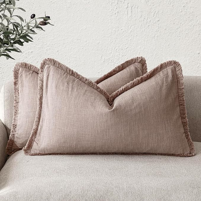 Foindtower Set of 2 Decorative Linen Fringe Lumbar Throw Pillow Covers Farmhouse Cushion Cover with Tassels Soft Accent Pillowcase for Couch Sofa Bed Living Room Home Decor,12×20 Inch,Dusty Pink