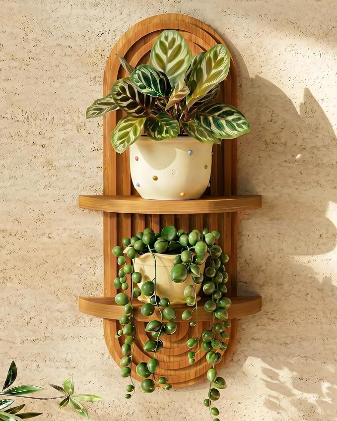 Bamworld Boho Wall Decor Brown Plant Wall Shelf Mid Century Modern Decor Hanging Plant Shelf 22in 2 Tier Wooden Floating Shelves Brown | Mid Century Modern Decor Hanging Plant Shelf Wooden Floating Shelves for Home Bedroom Living Room Holding Planter D...