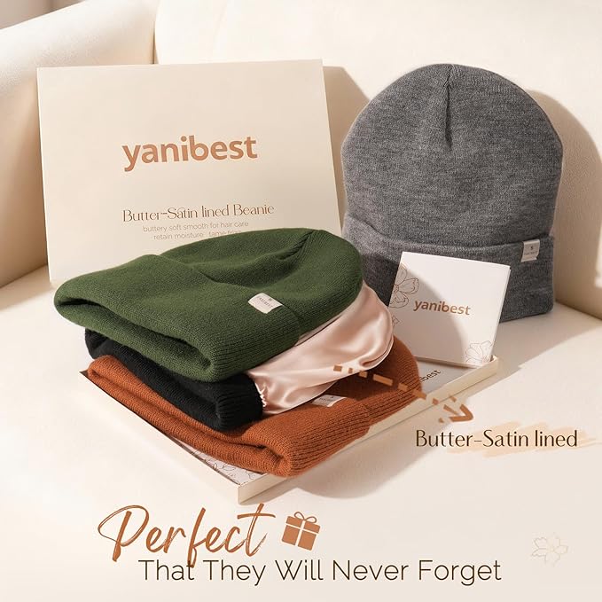 YANIBEST Satin Lined Beanie for Women Reduce Frizz Winter Hats for Women Men Silk Lining Soft Slouchy Warm Cuffed Less Static