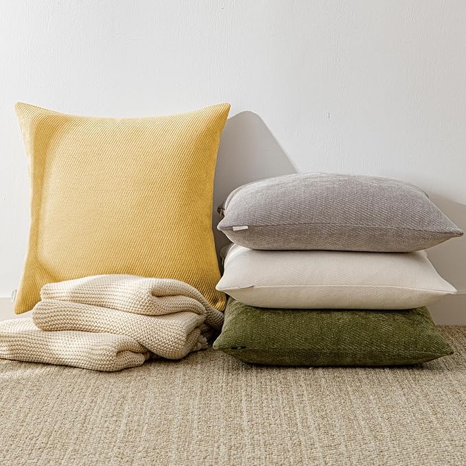 Fall Decorative Throw Pillow Covers Pack of 2,22x22 Inch Mustard Yellow | Twill Chenille Cushion Covers for Sofa Living Room Couch Bed