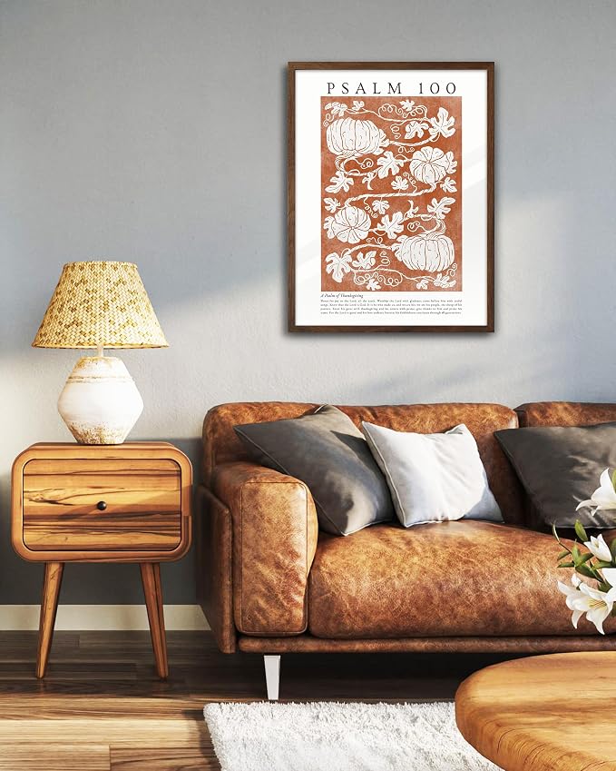 EcoHest 12x16in Psalm 100 Pumpkin Thanksgiving Botanical Christian Wall Art | Walnut Color Solid Oak Frame Canvas Wall Art, Fall Scripture Bible Verse Decor for Bedroom, Living Room, Office, Church,1Pack