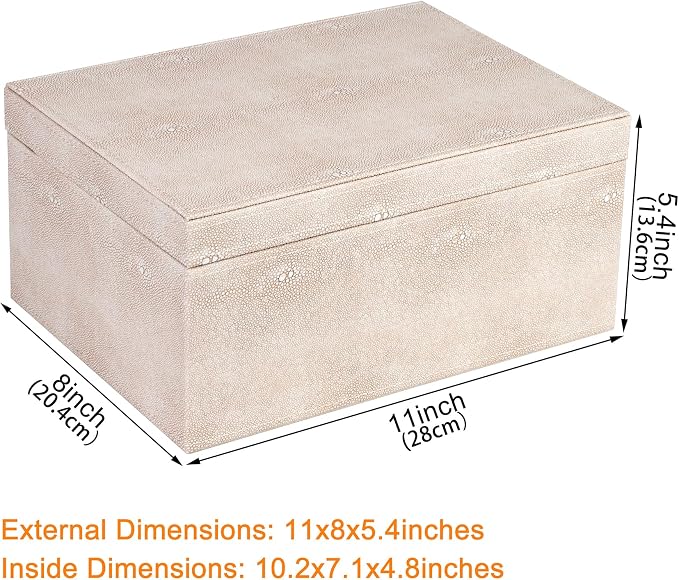 HofferRuffer Faux Leather Decorative Box, Large Wooden Structure Keepsake Box Accessory Organizer Jewelry Organizer with Hinged Lid, Storage Container for Home or Office (LightGrey Shagreen)