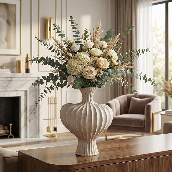 Ceramic Flower Vase Home Decor,11" Rustic Vintage Clay Beige Heart Terracotta Vases Farmhouse Table Vases Living Room Decor Pottery Pots for Home Shelf Coffee Dining Desk Fireplace