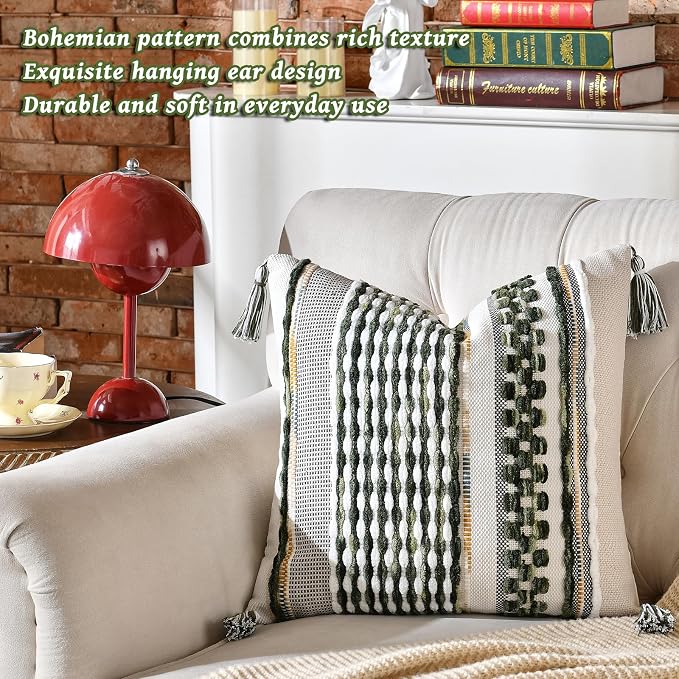 Set of 2 Chenille Striped Textured Boho Throw Pillow Covers Aesthetic with Tassels Woven Decorative Pillow Case for Couch Bed Sofa Bedroom Modern Funky 18 x 18-Inch Sage Green