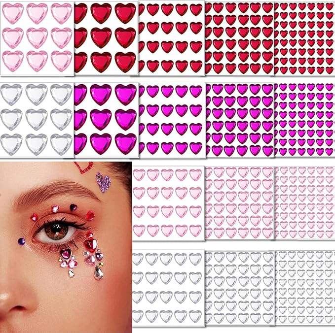 516 Pcs Heart Rhinestones Face Sticker Acrylic Self Adhesive Heart Gems Red Pink Clear Rose Red 6/10/12/18mm