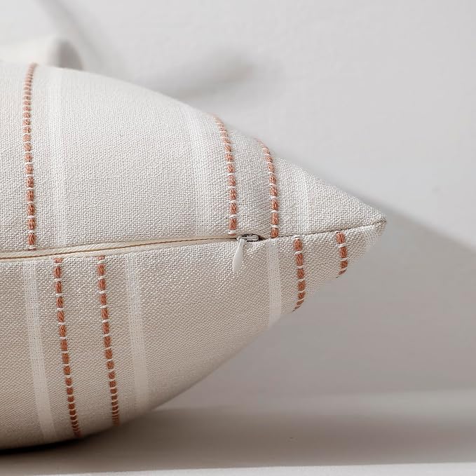 Hckot Terracotta Throw Pillow Covers 12x20 Set of 2 Striped Pillow Covers | Farmhouse Decorative Pillows Textured Linen Square Cushion Covers for Sofa Couch Bed Living Room Decor(Camel)