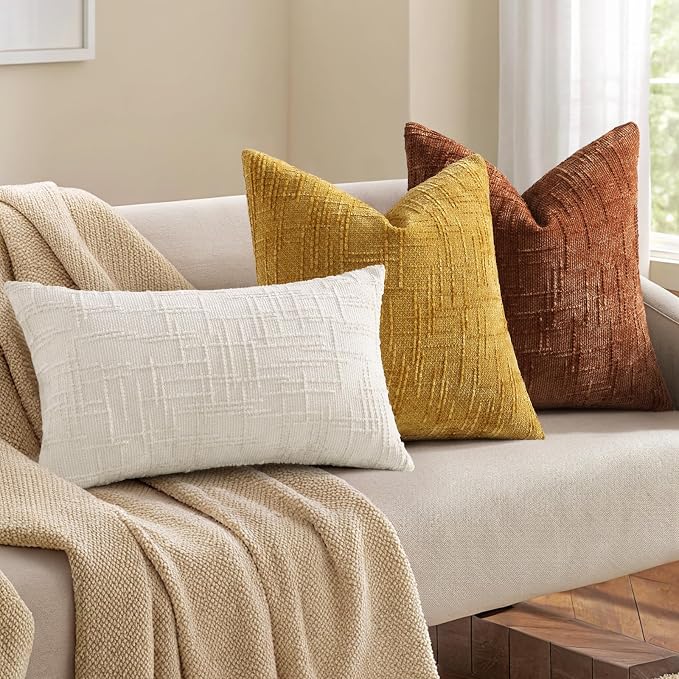 decorUhome Textured Chenille Throw Pillow Covers 16x16 Set of 2 Rust | Fall Modern Farmhouse Soft Cozy Slubby Couch Pillow Cases Boho Decorative Pillow Cases for Bed Sofa Living Room Home Decor